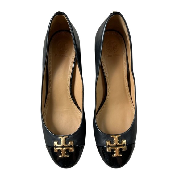 Tory Burch Everly Cap-Toe Pumps  Size 8.5  Black Leather Low Heel  Office Church - Picture 1 of 12